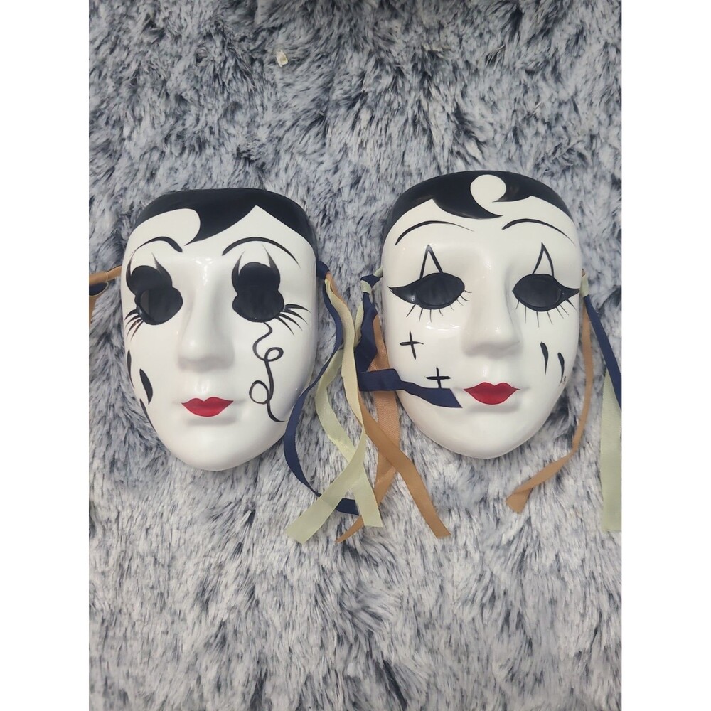 Vintage Pierrot & Pierrette Hand-Painted Wall Masks Set of 2, Taiwan, New in Box